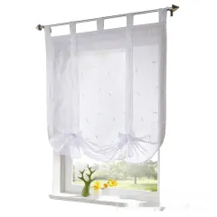 Embroidered Pastoral Adjustable Curtain Rod Ribbon Roman Window Screen - White - View 1