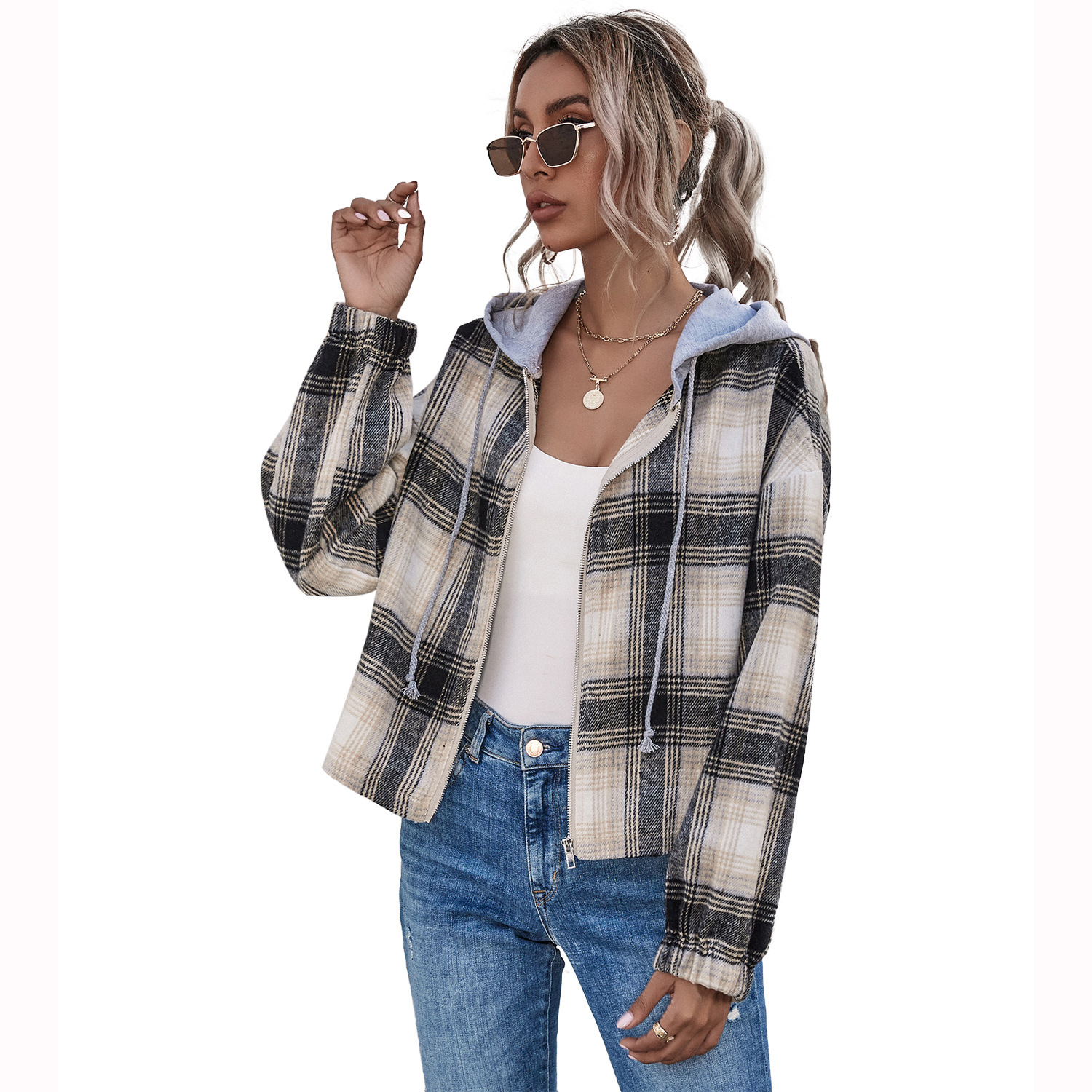 Women's European And American INS Fashion Loose Plaid Hooded Jacket Fall Winter Check Pattern1 - Shop at LoveMi