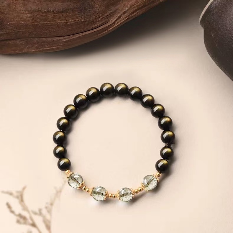 Natural Black Obsidian  Green Phantom Bracelet Fortune Bead Two Tone Chain Unisex Wealth  Protection Jewelry