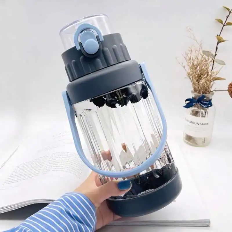 Plastic Water Cup With Handle And Water Bottle With Straw - Grey