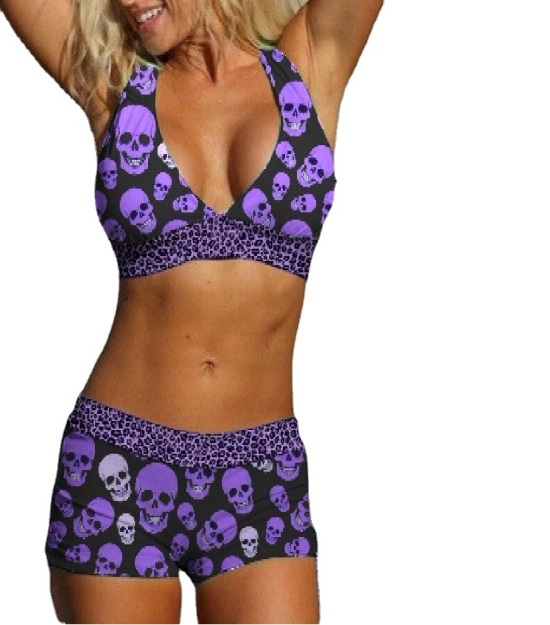 Conservative Bikini Ladies Skull Print Resort Swimsuit