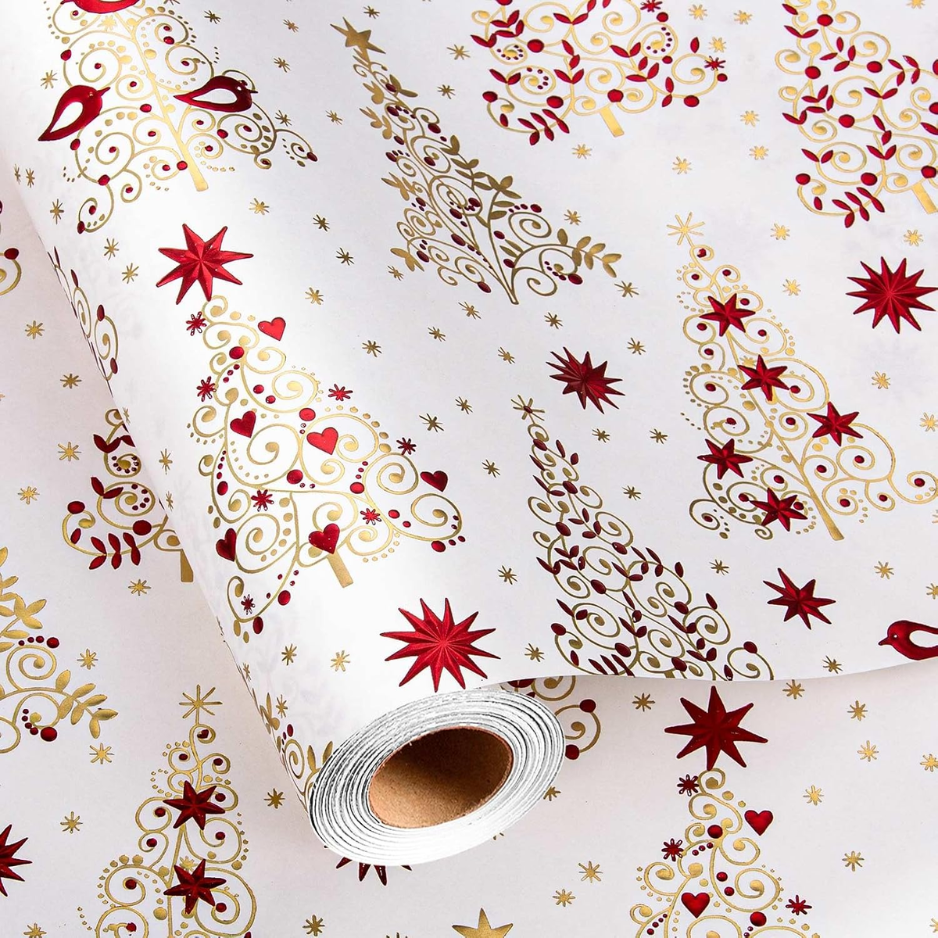 Christmas Wrapping Paper, Metallic Gold Foil Trees With Red Stars & Hearts, Holiday Gift Wrap Roll