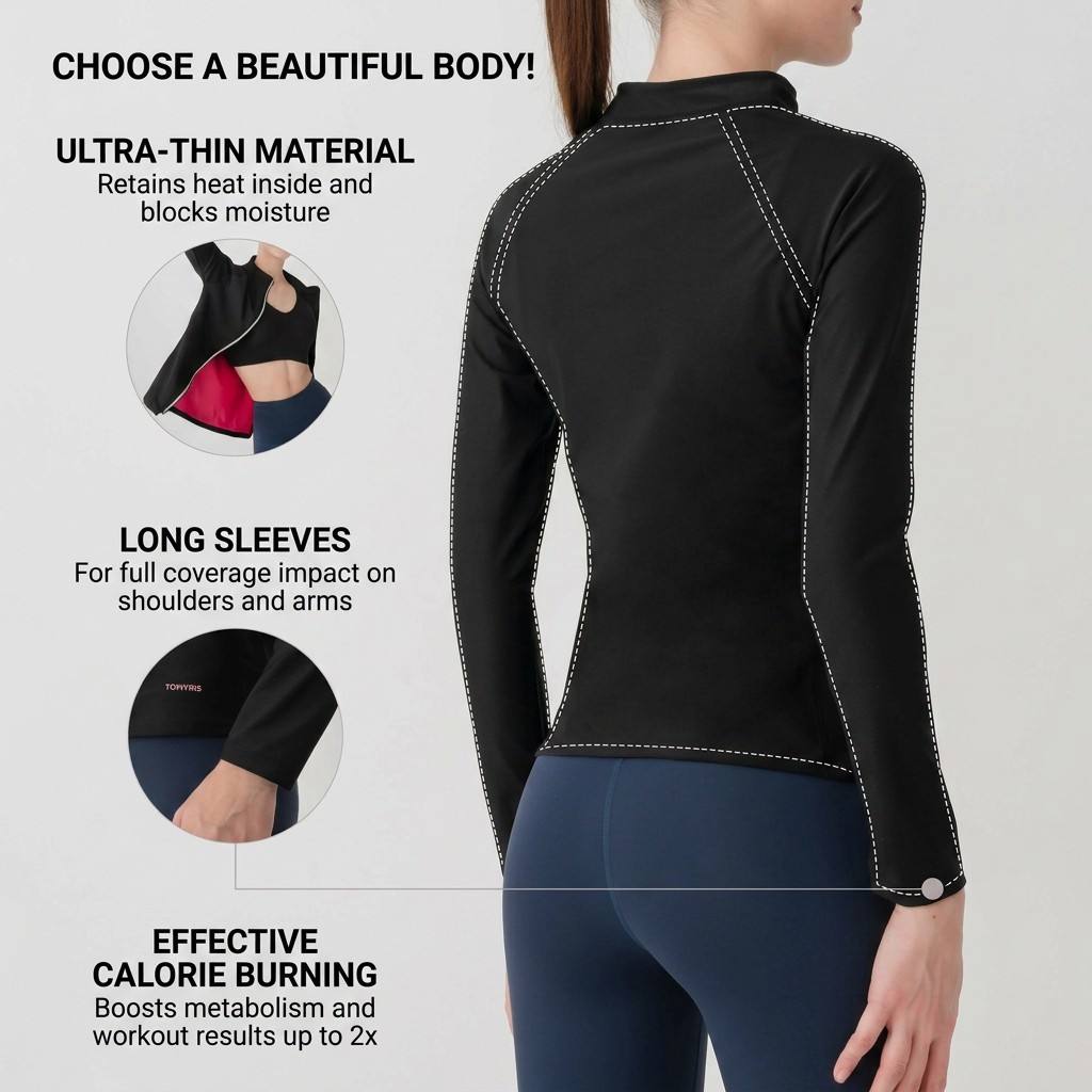 Sauna Jackets For Women Long Sleeves Sweat Suit Weight Loss Shirt Zipper Workout Gym Exercise Body Shaper 6