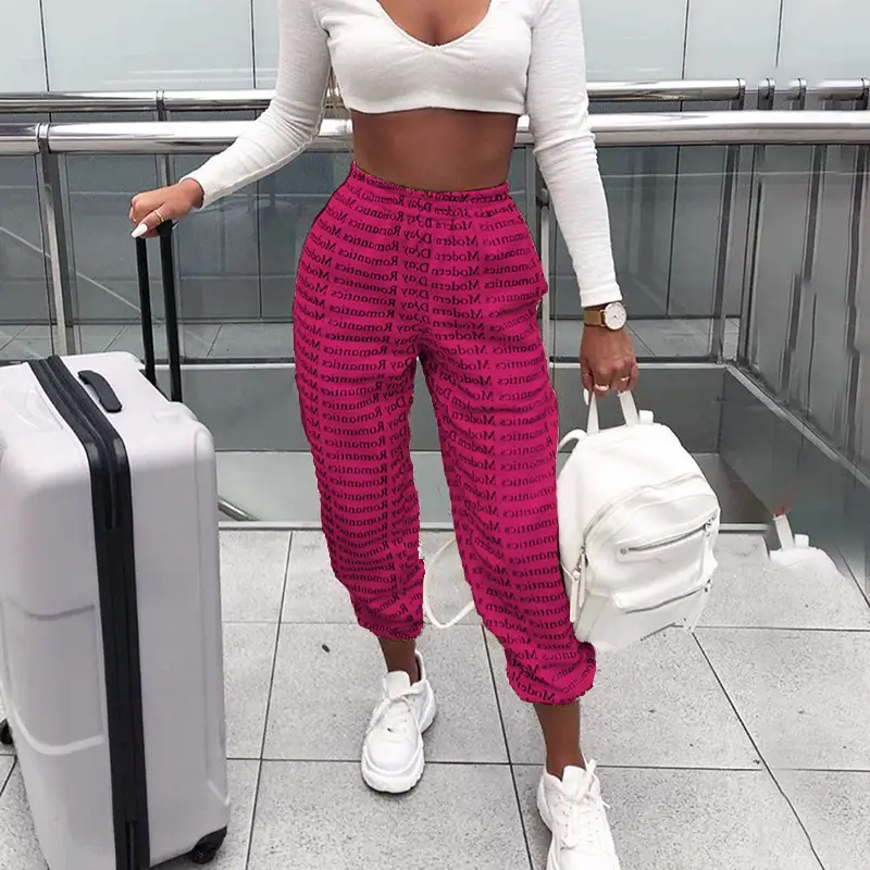 Women's Street Style Print Wide Leg New Letters Print Tie-Up Pants