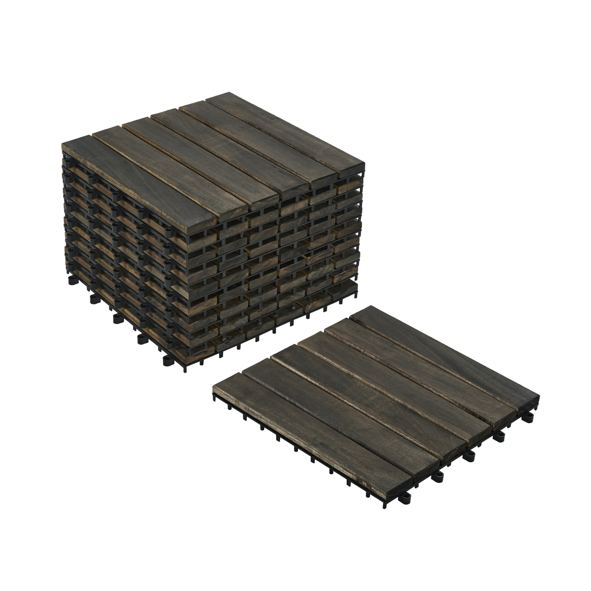 30 PCS Interlocking Deck Tiles Striped Pattern, 12inch X 12inch Dark Brown Square Acacia Hardwood Outdoor Flooring For Patio, Bancony, Pool Side