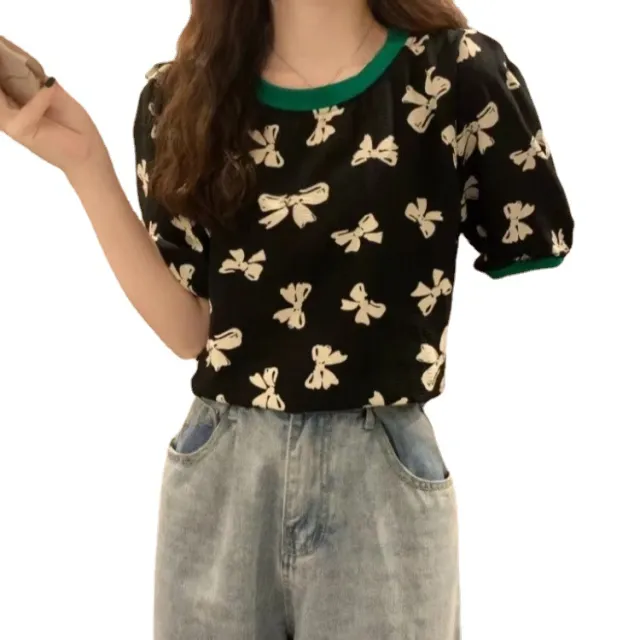 Round Neck Puff Sleeve Bowknot Loose Slimming Knit Sweater Black - Shop at LoveMi