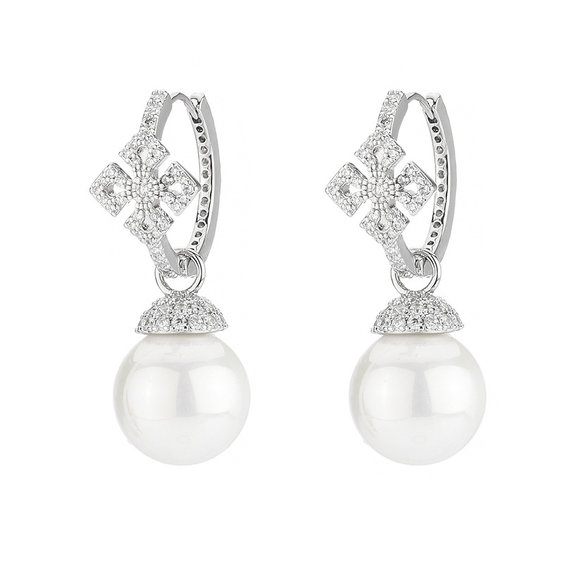 Micro-set Zircon Cross Pearl Silver Needle Earrings
