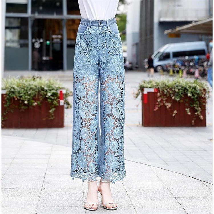 Take Hollow Lace Stitching Denim Drape Pants