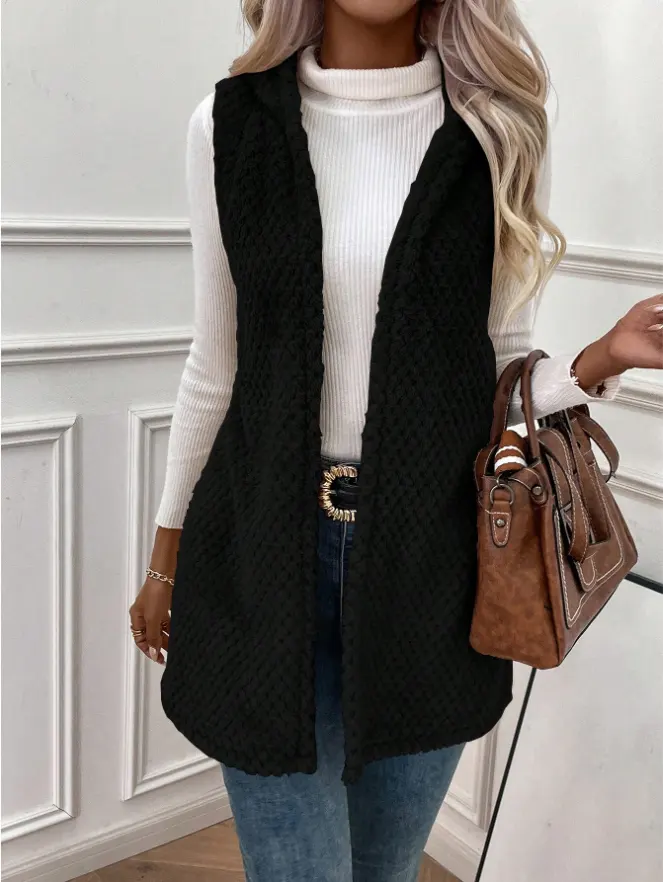 Open Front Hooded Plush Vest Coat