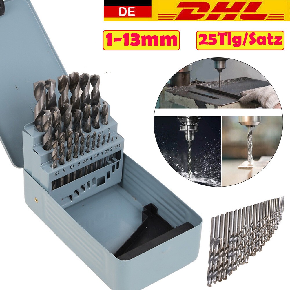 25 Piece HSS Twist Drill Bit Set 1-13mm 135 Degree Split Point For Metal Steel With Metal Storage Case