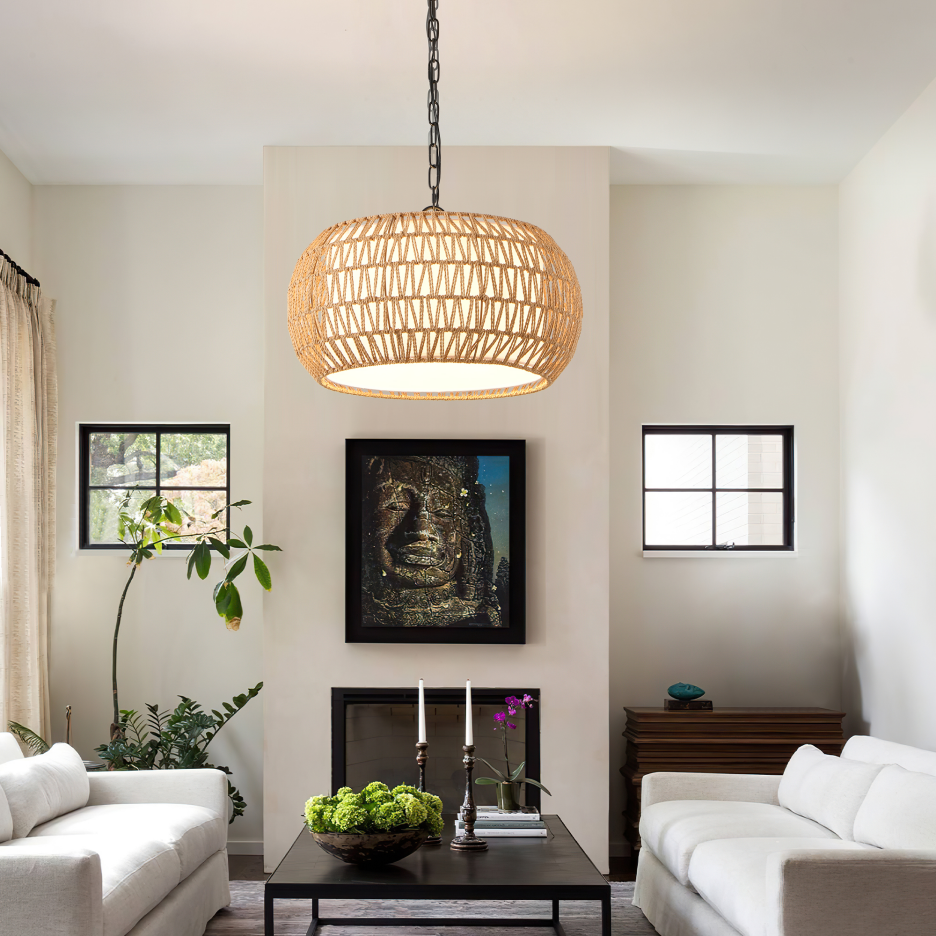 18inch Farmhouse Pendant Light With Adjustable Height, Boho Woven Jute Rope Hanging Ceiling Light Fixture, E26 Base, 60W Max, Compatible With Flat, Vaulted, And Sloped Ceil Bulb Not Included