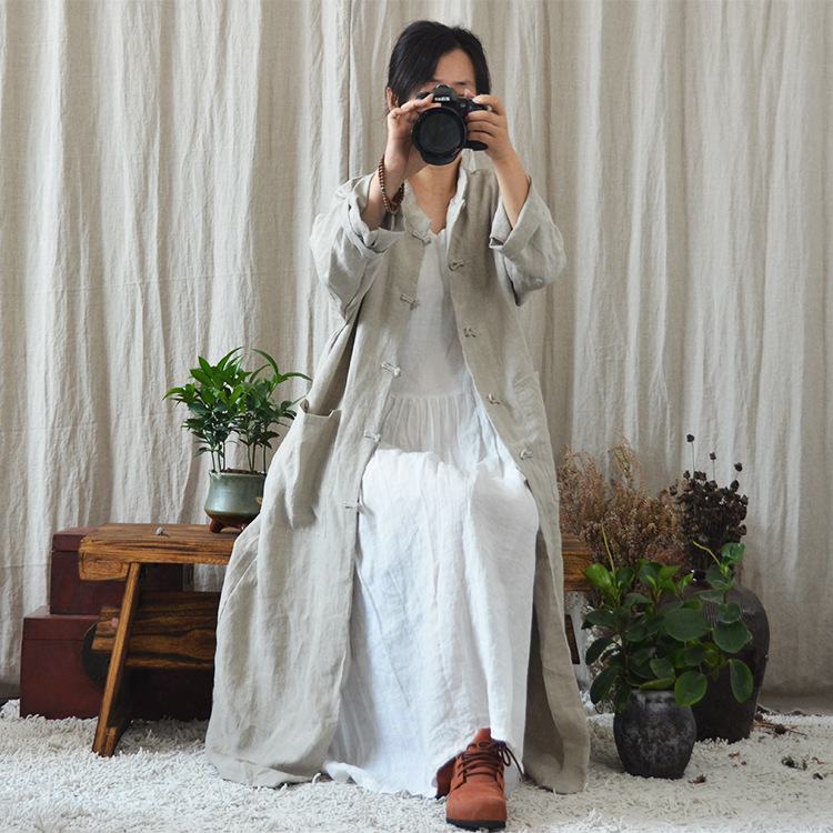 Women's Handmade Coiled Button Chinese Cardigan Trench Coat