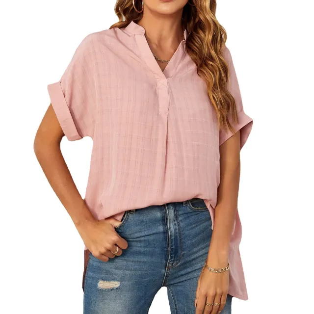Summer New Women's V neck Short sleeved Loose Shirt Pink - Shop at LoveMi