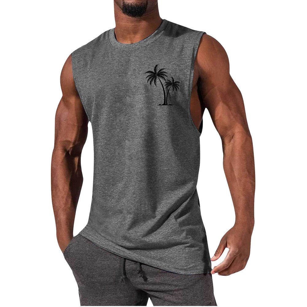 Coconut Tree Embroidery Vest Summer Beach Tank Tops Workout Muscle Men Sports Fi