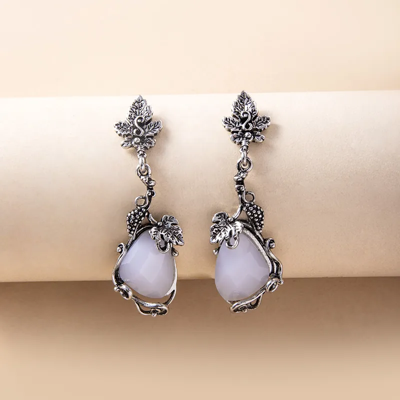 Vintage Leaf Flower Opal Stone Pendant Earrings - foto 5