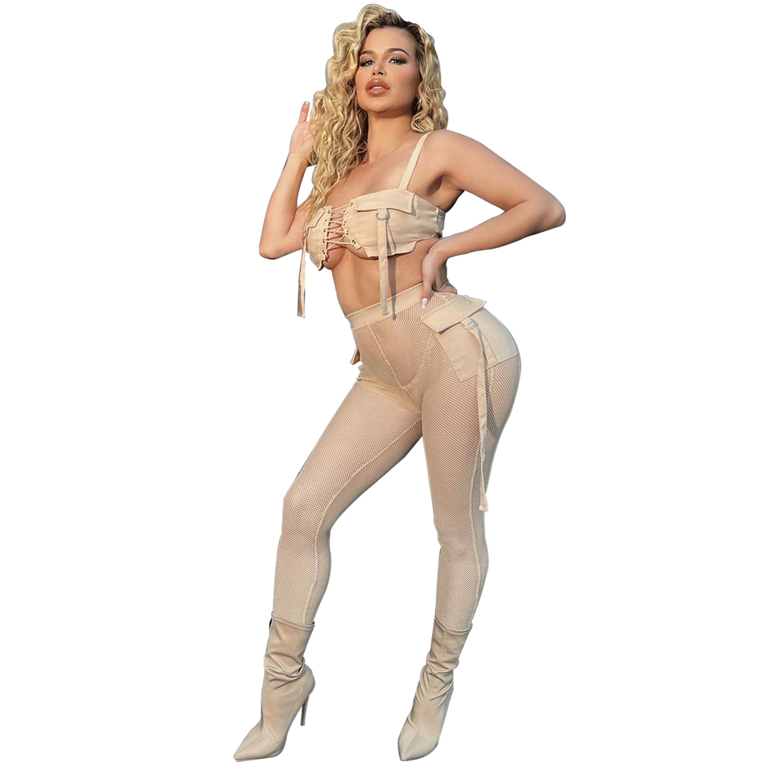 Women's Solid Mesh Sheer Trousers Two-Piece Set