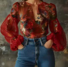 Retro Oil Painting Floral V-neck Sheer Lantern Sleeve Blouse, Women's Long-sleeved Loose Top - Claret-S - View 1
