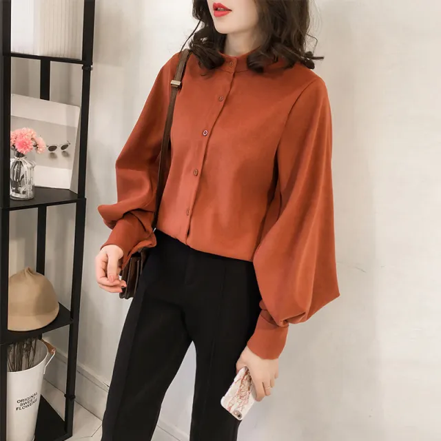 Women's Simple Elegant Solid Color Long Sleeve Shirt Caramel Colour - Shop at LoveMi