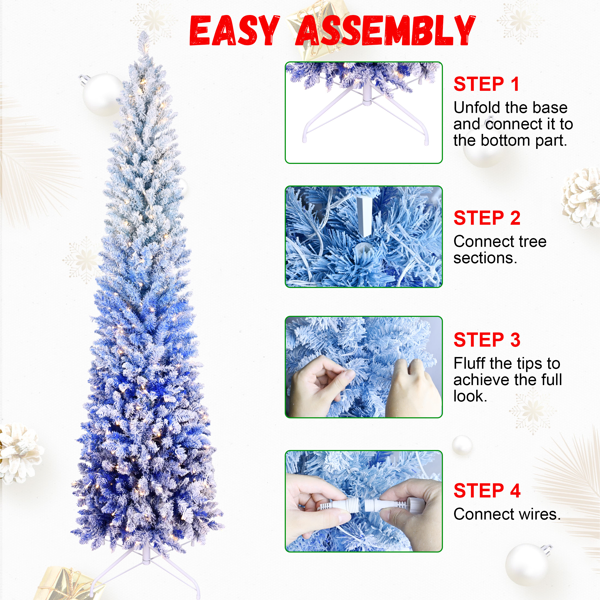 6FT Blue Gradient Flocked Pencil Christmas Tree with 200 Warm White LED Lights, 485 Tips, Hinged Branches, Slim Design, Metal Stand â€“ Narrow Prelit Tree for Holiday Home Decor-14