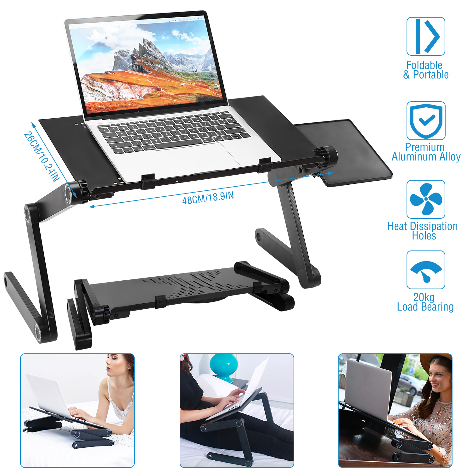 1Pc Foldable Laptop Table Bed Notebook Desk With Mouse Board Aluminum Alloy Breakfast Snacking Tray For Home Office Travel Use 7