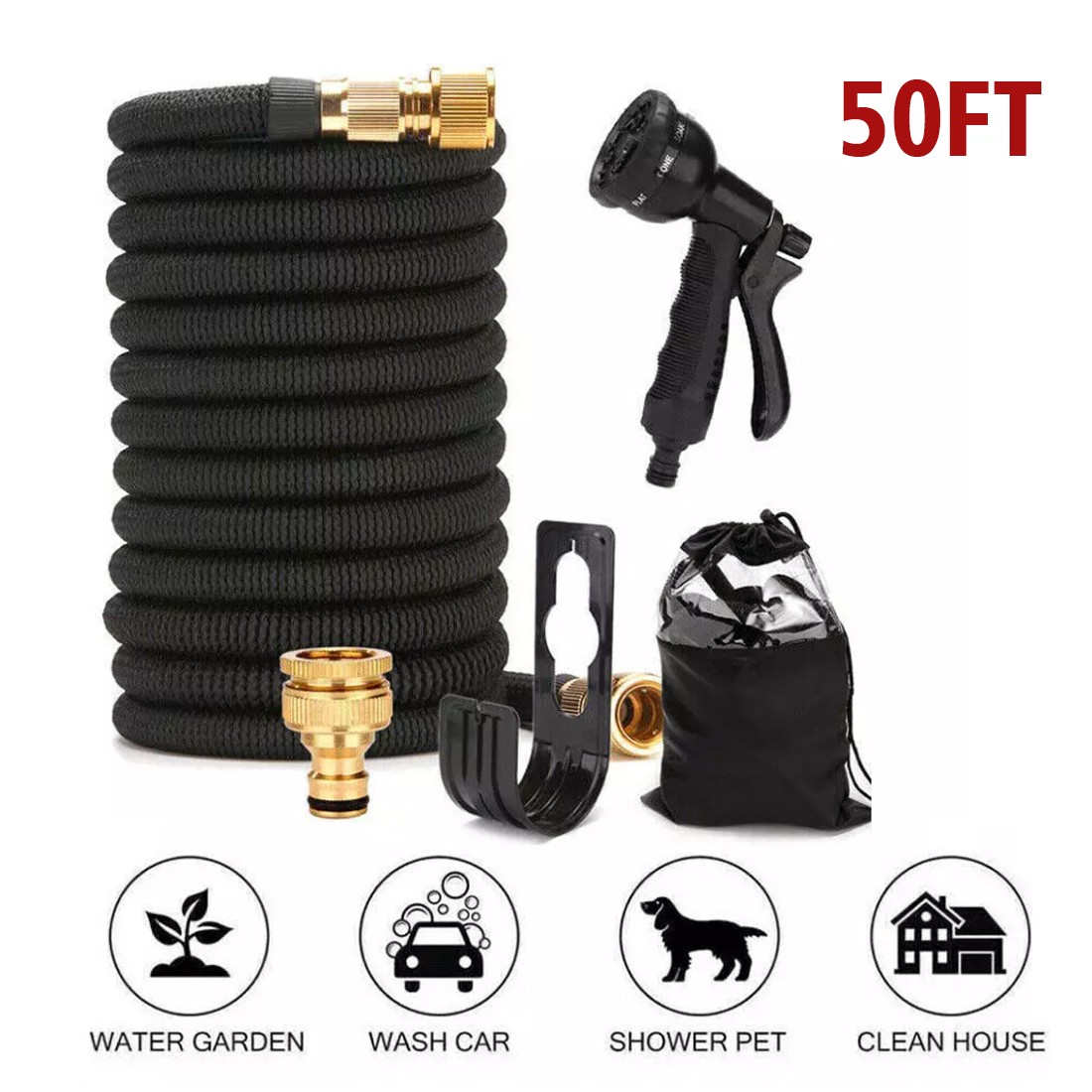 Heavy Duty 25-100FT Expandable Garden Hose Pipe Flexible With Water Spray Gun UK