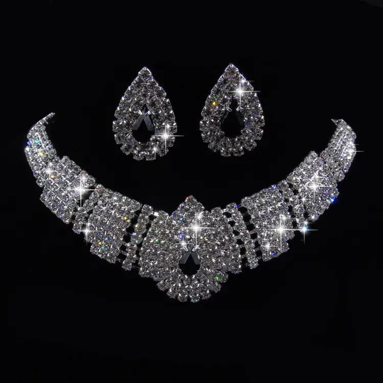 Water Drop Full Diamond Drop Earrings Necklace Set