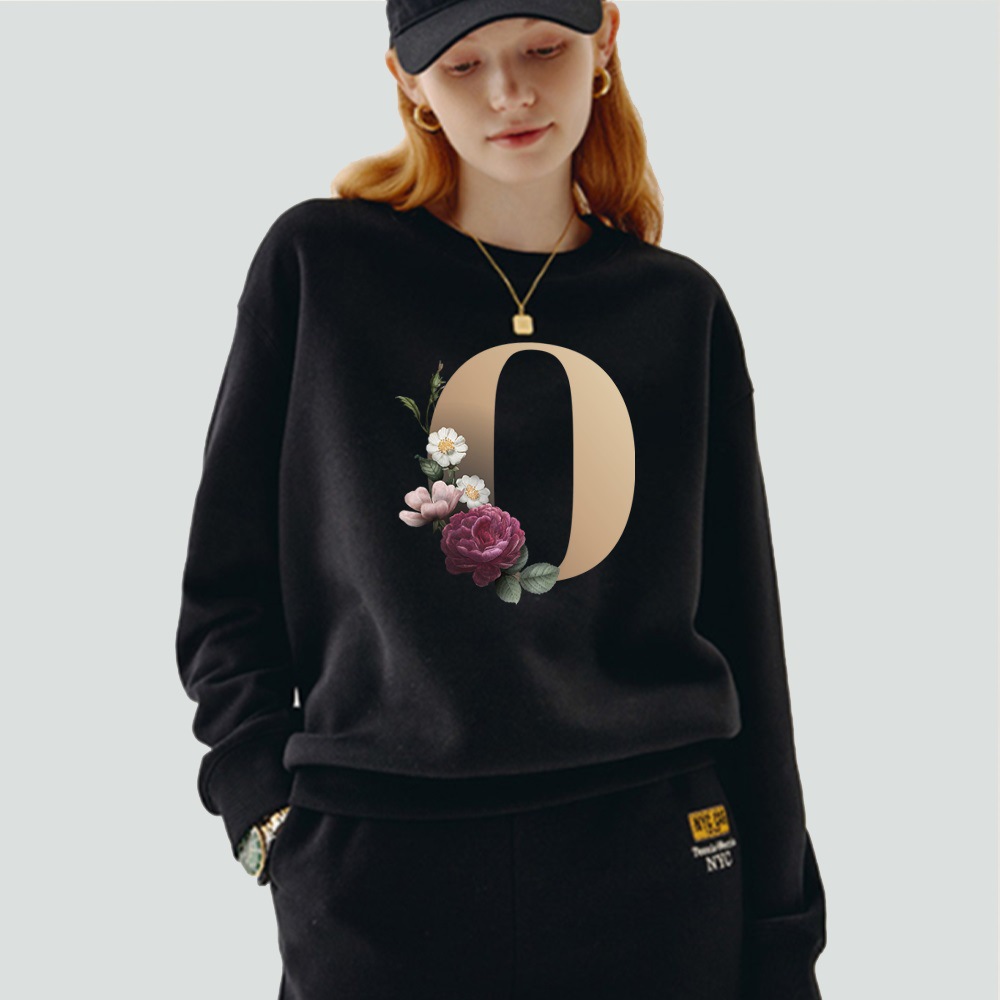 Black Pullover Initial Name Printed Series O-Neck Casual War