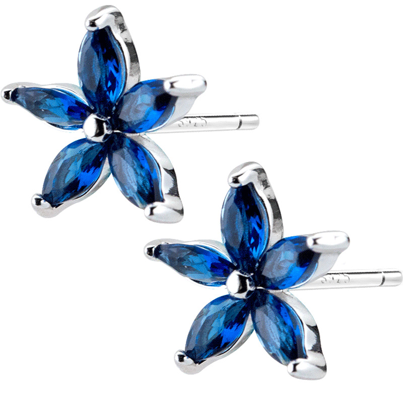 Blue Diamond Square Asymmetric Five Petal Flower Ear Rings