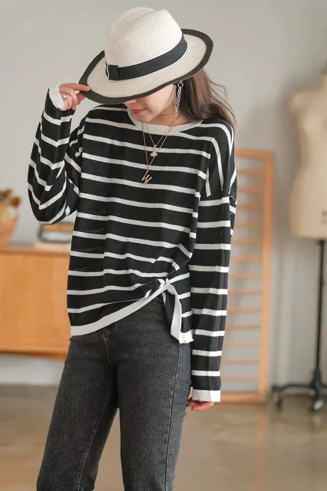Autumn New Style Striped Long sleeved Round Neck Temperament Black - Shop at LoveMi