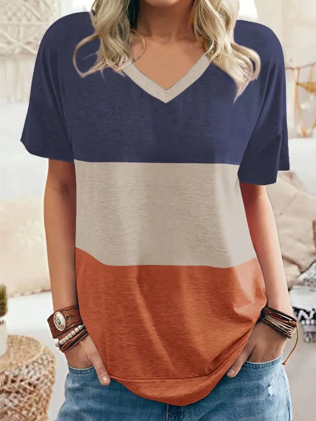 Women's Color Matching V-neck Casual Loose Short Sleeves - Dark Blue