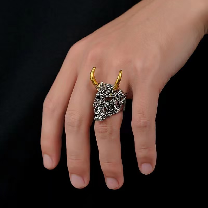 Vintage Silver Oni Hannya Mask Ring, Gold Horns Demon Skull Adjustable Band, Gothic Punk Biker Ring For Men - Image 1