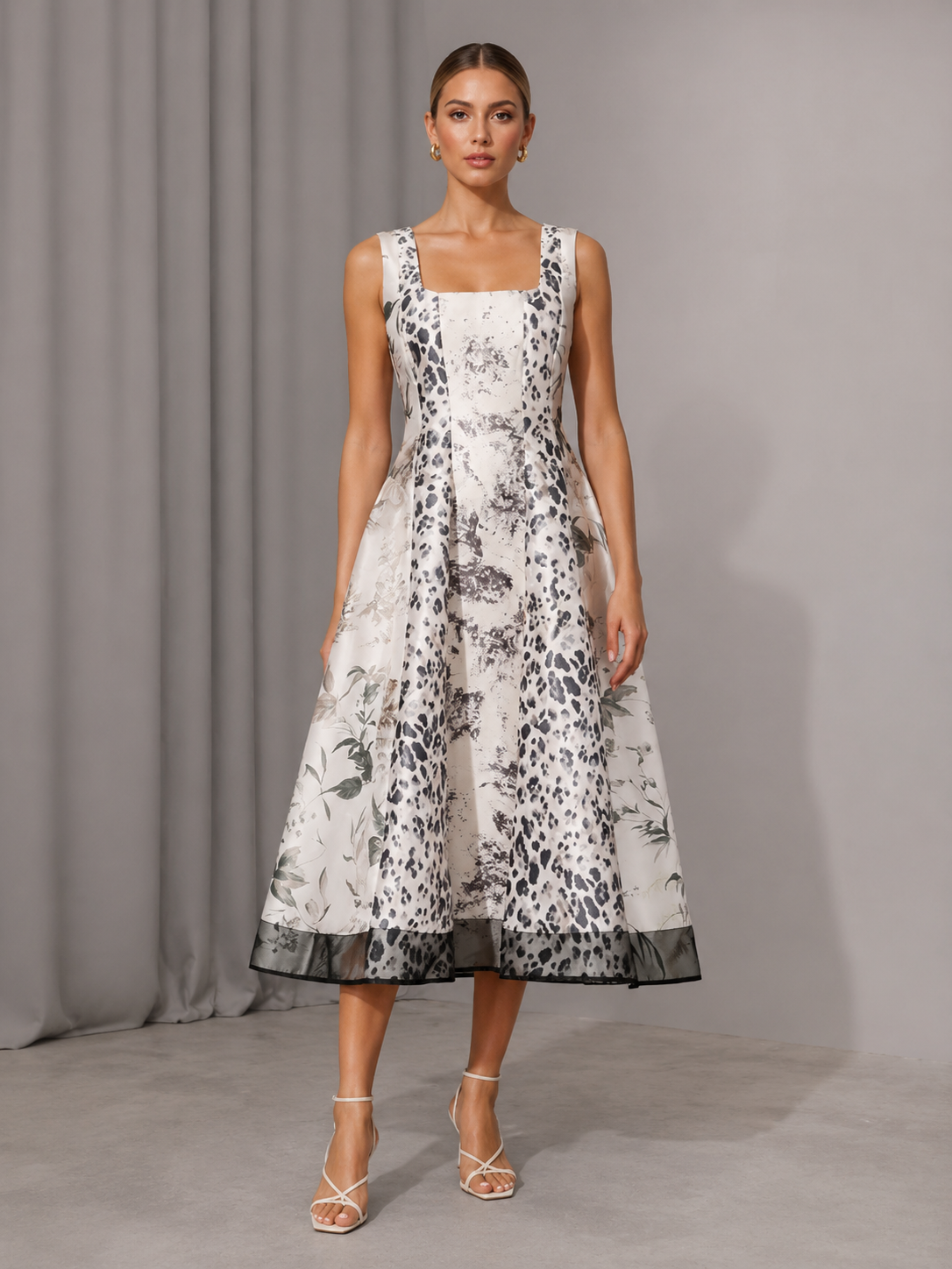 Leopard & Botanical Print Square Neck Satin Midi Swing Dress