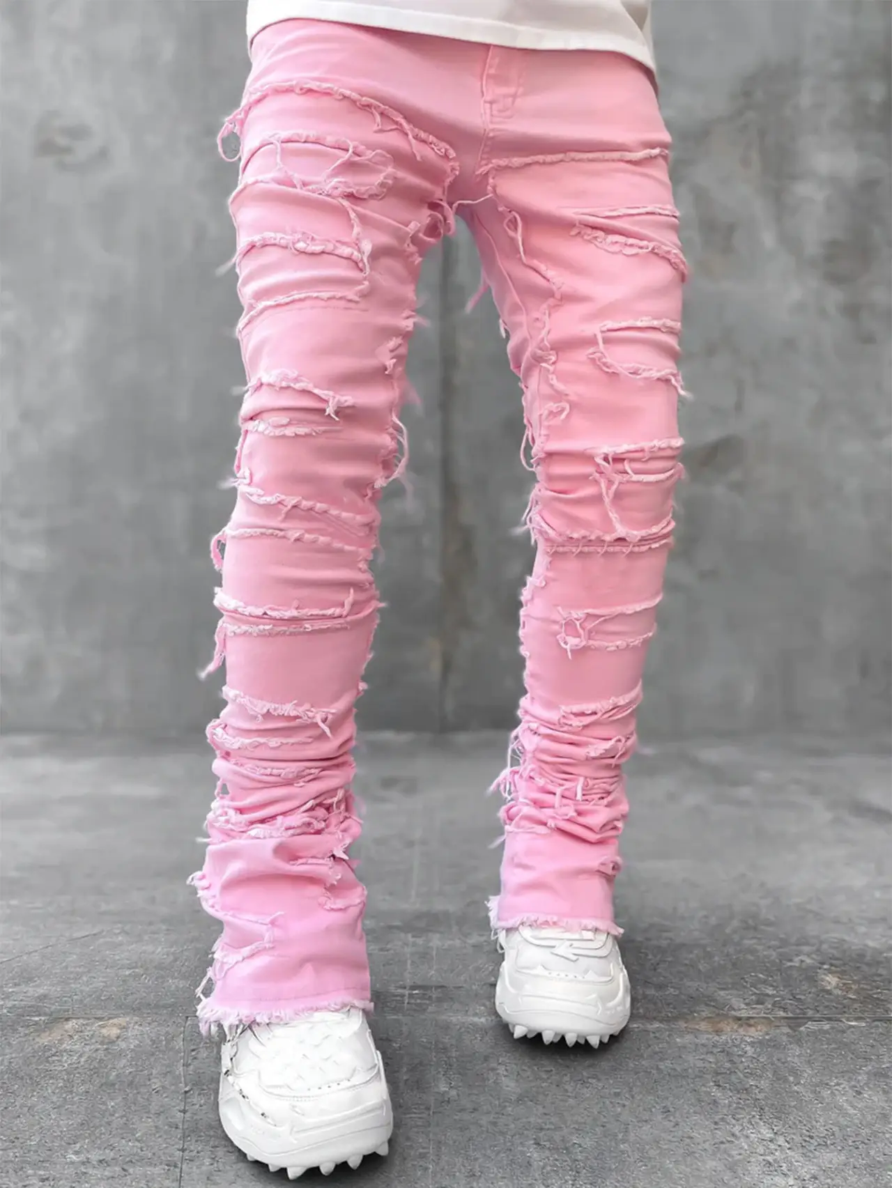 Ins Fringes Ripped Trousers Individual Patched Pants Long Tight Fit Stacked
