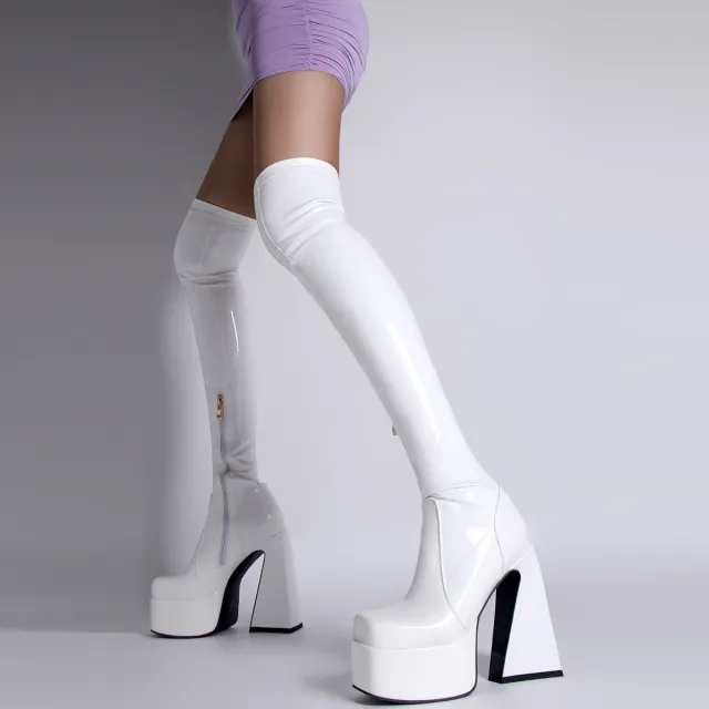 Women's Long Over The Knee Boots High Chunky Heel White - Shop at LoveMi