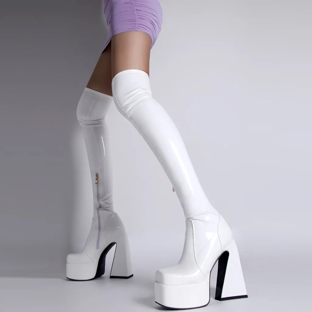 Women's Long Over The Knee Boots High Chunky Heel - White