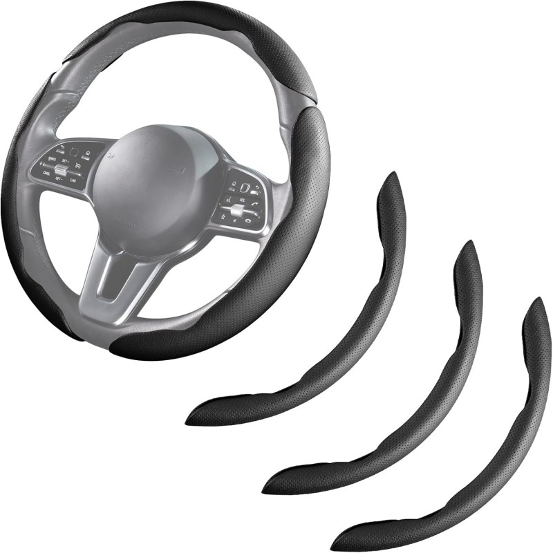 Car Steering Wheel Cover - Leather Snap-on Three-piece Set - Anti-slip Protection Cover - Steering Wheel Control Accessory - Universal Model - Black And Gray