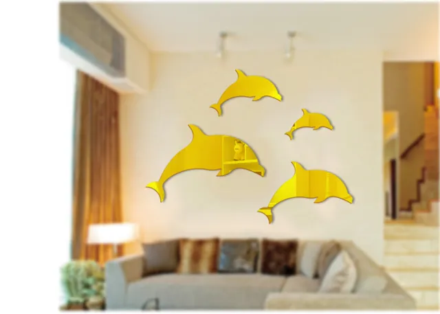 3D Three dimensional Acrylic Mirror Home Wall Sticker Decorative Dolphin Gold - Shop at LoveMi