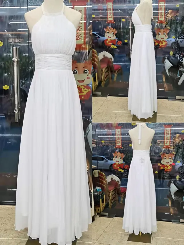 Halter Handmade Evening Dress Model Catwalks Fluffy Chiffon Yarn 2White - Shop at LoveMi
