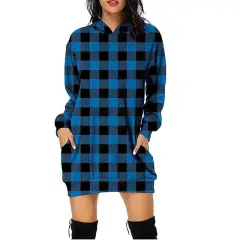 Printed Plaid Mid Length Hooded Long Sleeve Sweatshirt Women's - Blue - View 1
