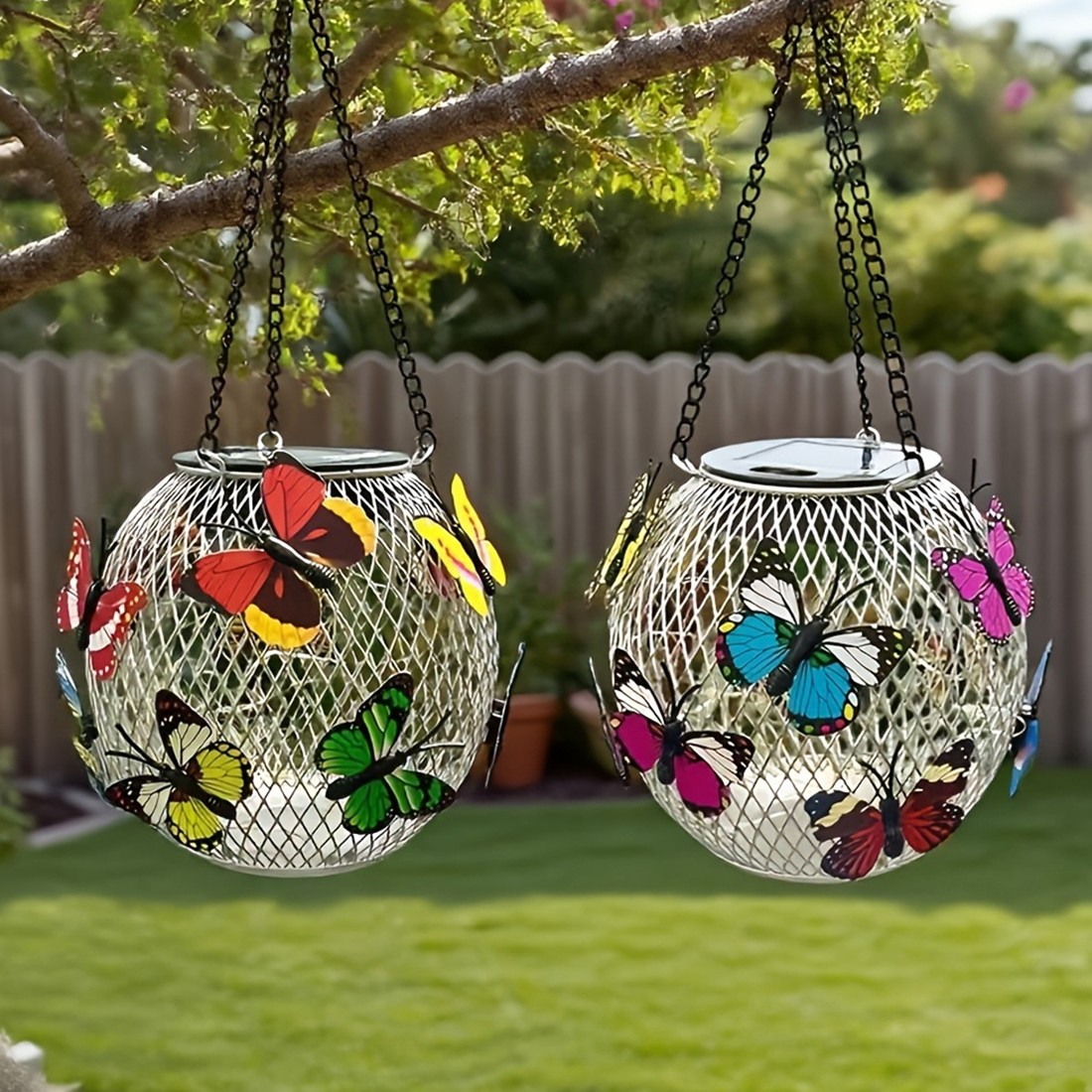 2pcs Hanging Butterfly Pendant Solar Power LED Light Mesh Orb Yard Garden Decor — image 12