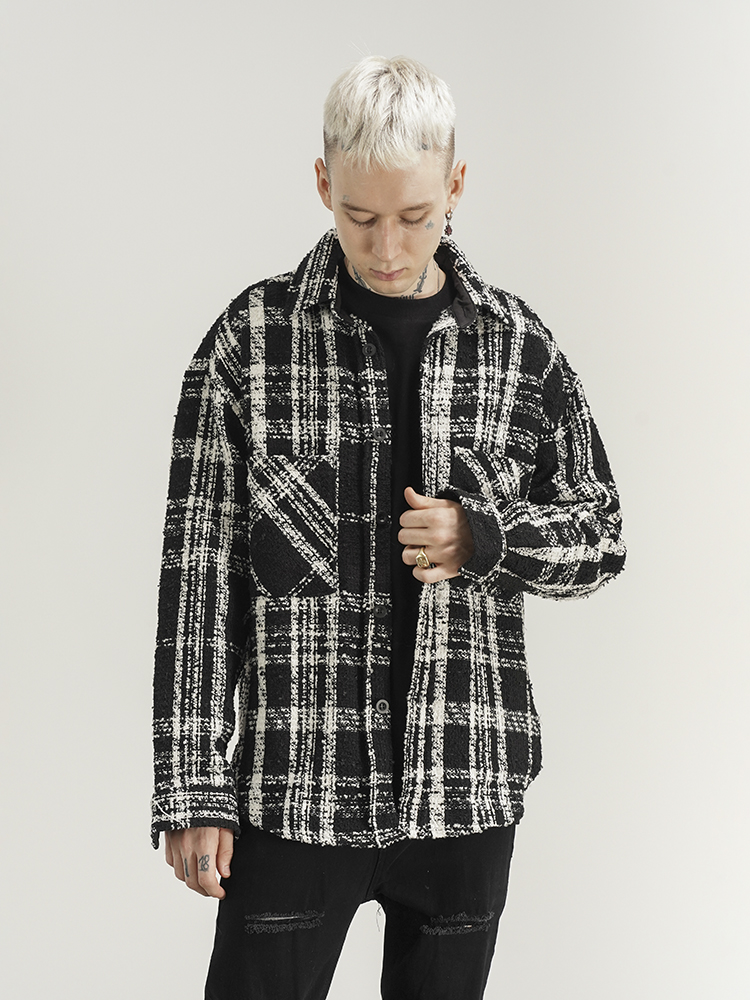 Men's And Women's Woolen Black And White Plaid Shirt Jacket