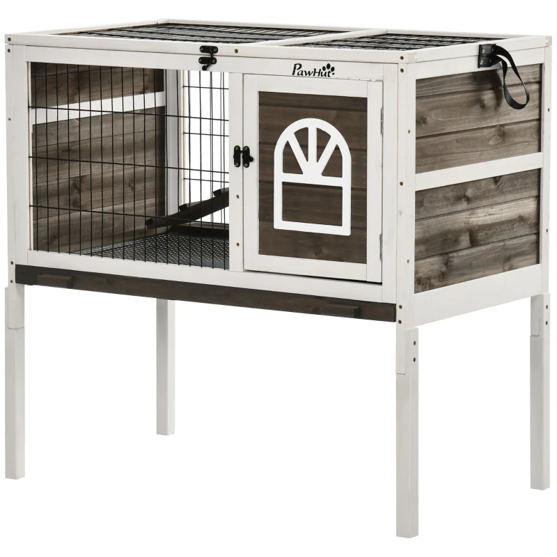 PawHut Wood Rabbit Hutch, Elevated Guinea Pig Cage With Run, Coffee