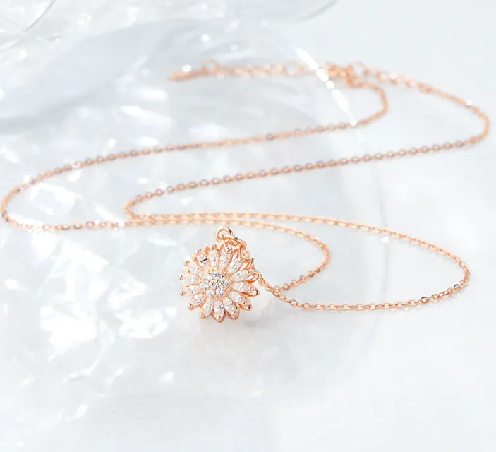 Women's Silver Rotating Sunflower Necklace - Rose Gold 925Silver