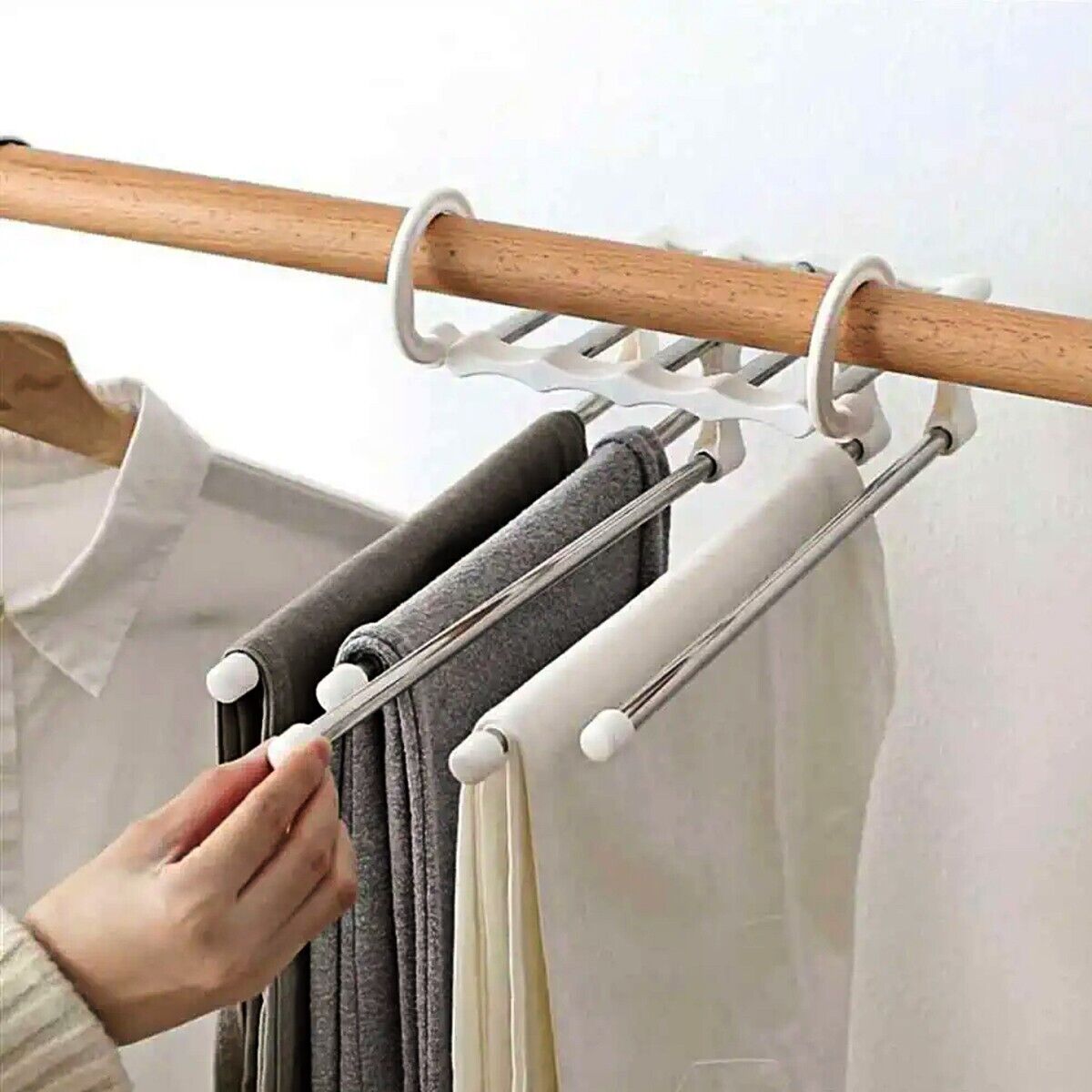 Magic Metal Hanger Closet Space Saver Organizer shipping inside the US USPS First Class Package handling 2 Day Handling 2-5 Day Shipping 5 in1 Multi-functional Pants Rack Shelves Stainless Steel Wardrobe Magic Hanger by KT Deals RANDOM COLOR WHITE/BLACK S