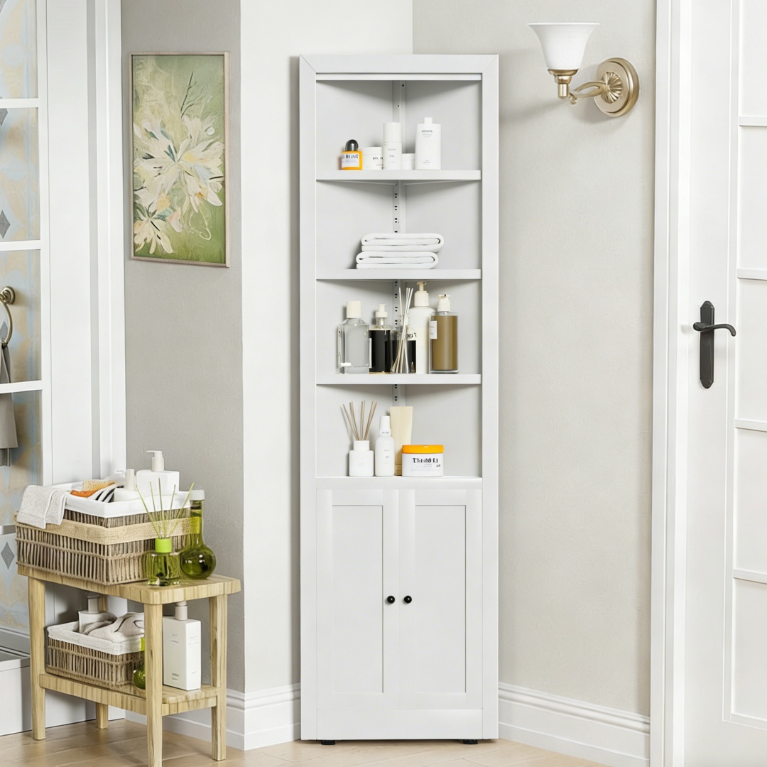 71in Tall Corner Storage Cabinet With 2 Doors, 5-Tier Metal Cabinet With Adjustable Shelves, Freestanding Kitchen Storage For Pantry, Living Room, Bathroom, Laundry Room, Space Saving Furniture, White