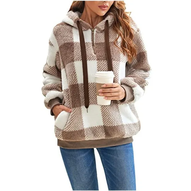 Fashion Plaid Hooded Sweatshirt With Pockets Casual Zipper Plush Tops For Womens Clothing Khaki - Shop at LoveMi