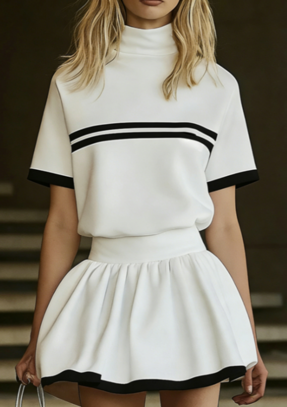 White & Black Contrast High-Neck Short-Sleeve Top & Pleated Skirt Set