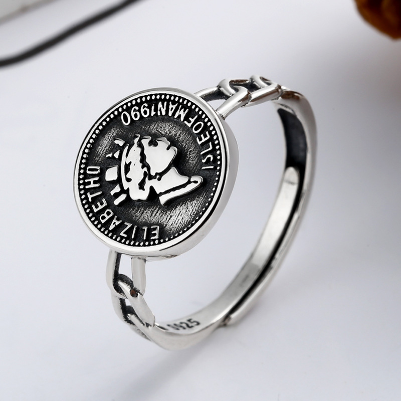 Vintage Round Medal Queen Portrait Embossed Ring