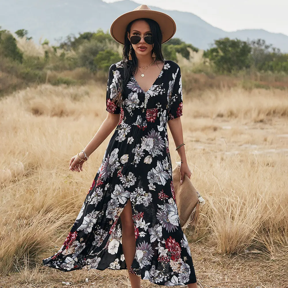 Floral Summer Beach Dress with V Neck Elastic Waist