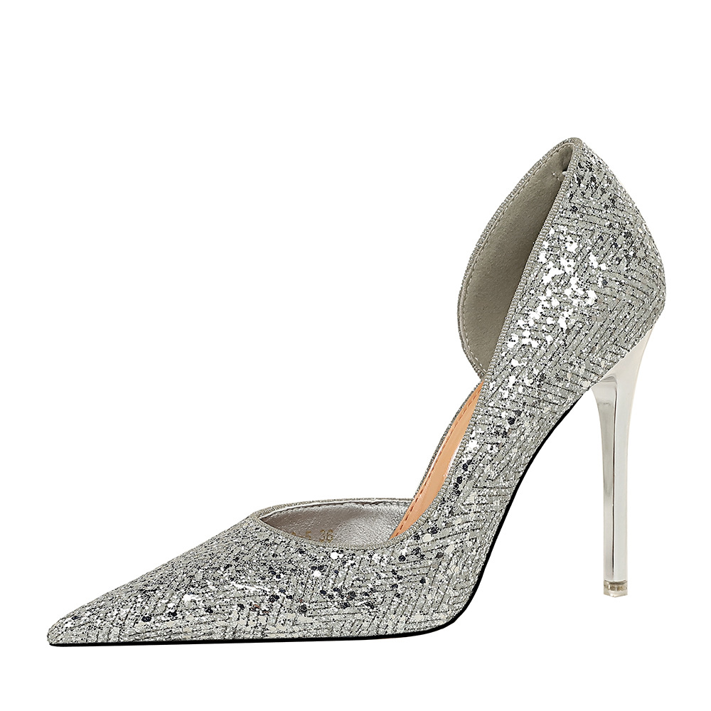 Shallow Mouth Pointed Toe Side Hollow Super High-heel Sequined Shoes